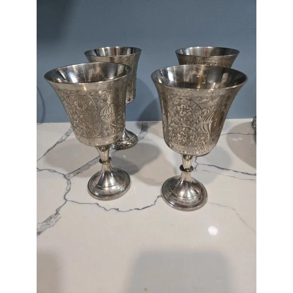 Vintage 'Worldgift, Z.Y. India' Etched Silverplate Goblets~Set of 4